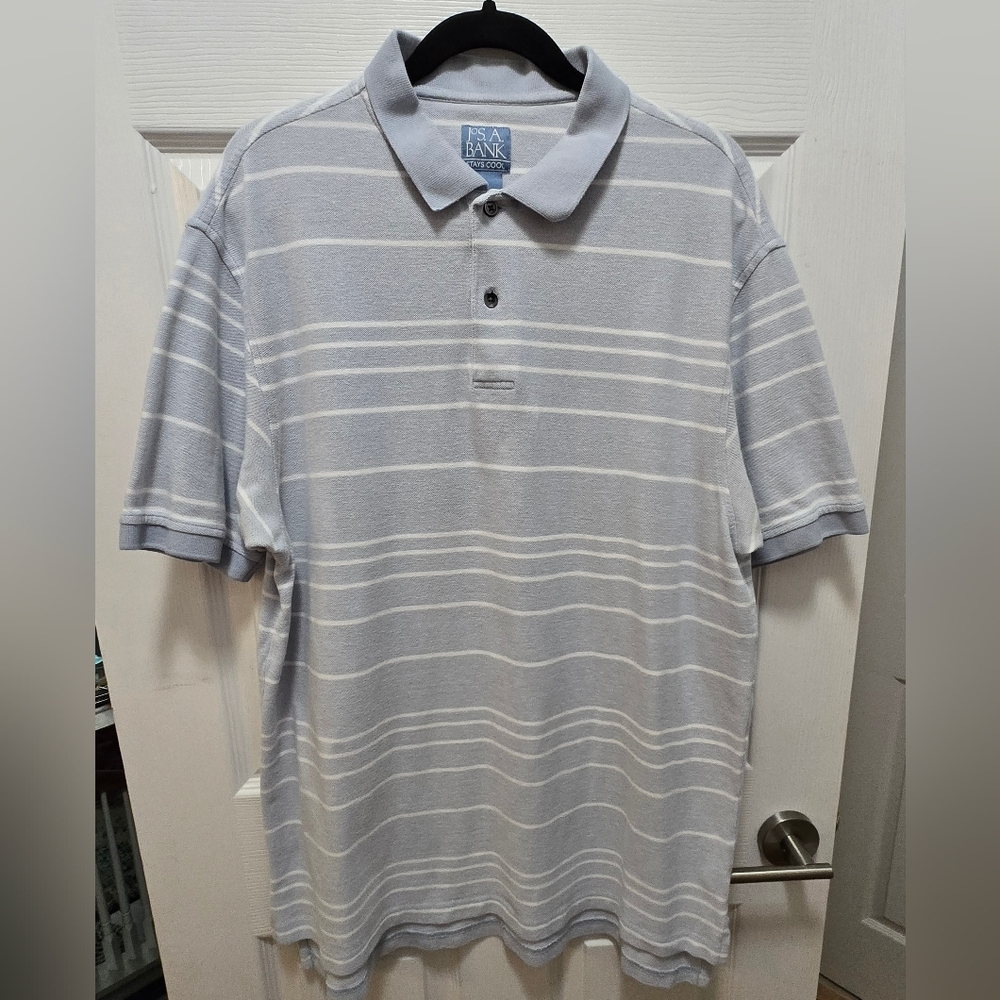 Jos A Bank Men's Polo in Soft Blue With White Stripes, Size XL